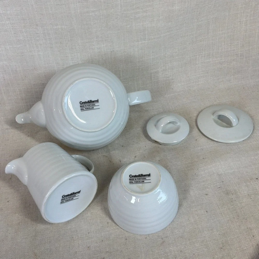Crate & Barrel Spal White Ribbed Porcelain Tea Set Teapot Creamer Sugar Portugal